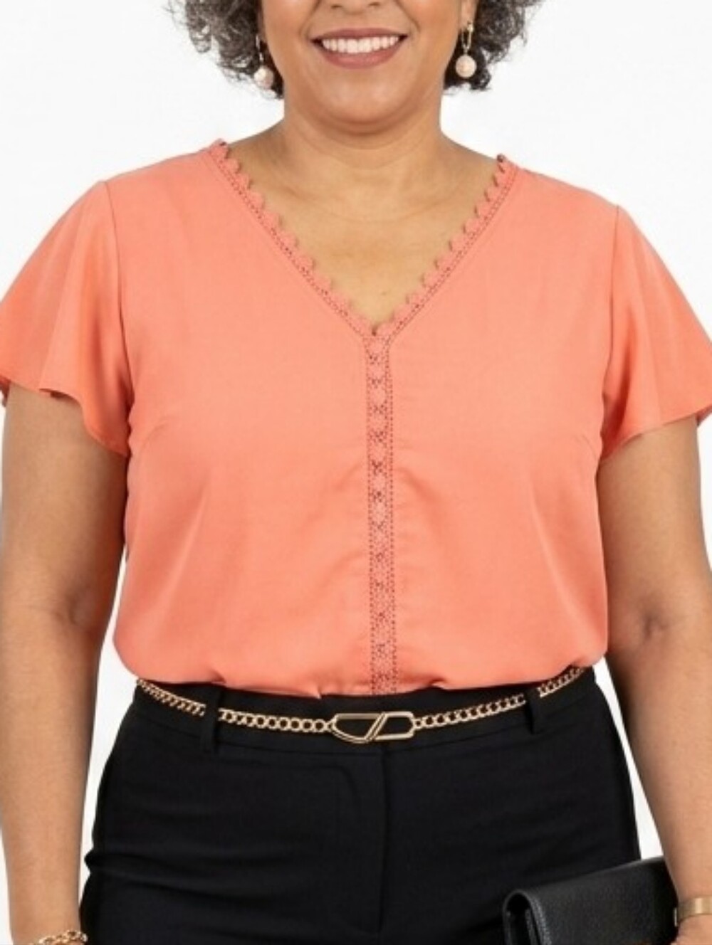 Coral V-Neck Lace-Trim Blouse